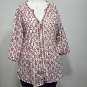 Ella Simone Pink Floral‎ Blouse M Pleated Button Tunic Top Romantic Cottagecore